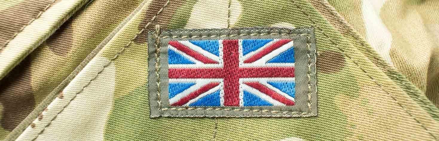 Union flag on the shoulder of a British Forces camouflage jacket